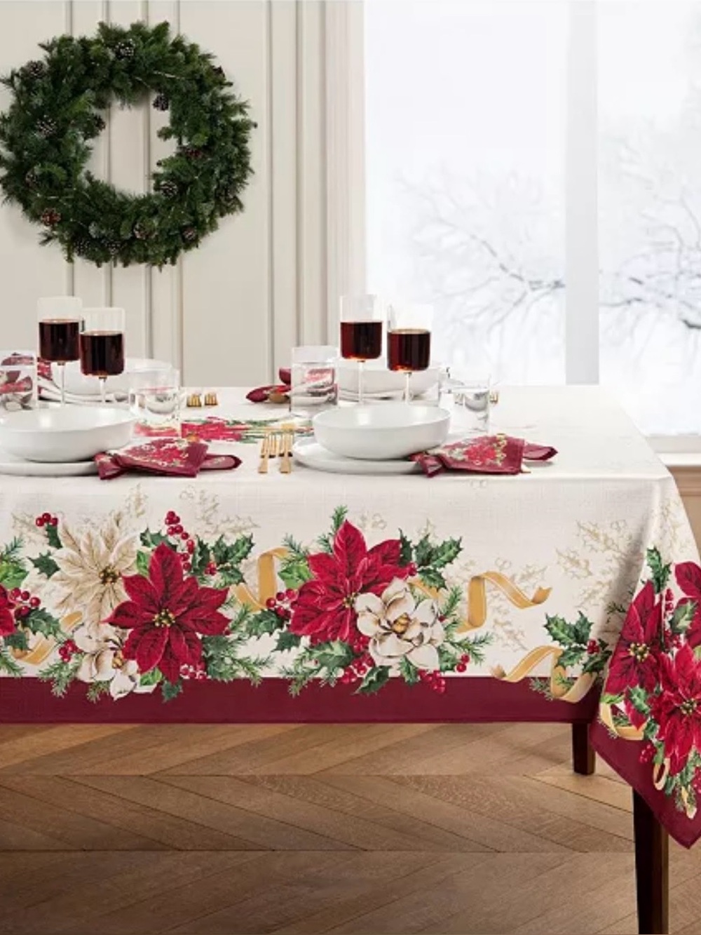 Holiday Poinsettia Tablecloth in Red and White - Brand: